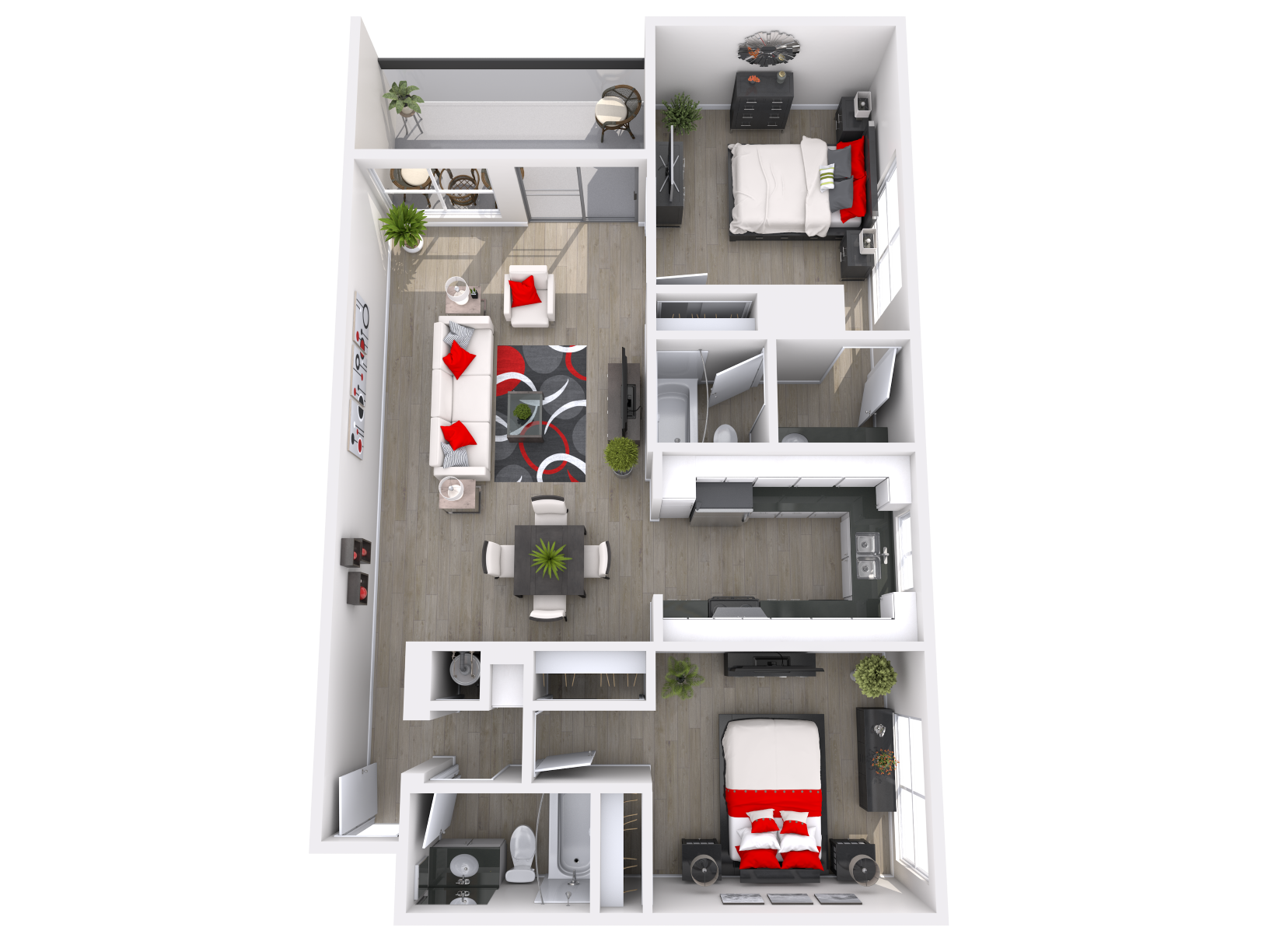 Floor plan for 2 beds, 2 baths, 1056 sqft
